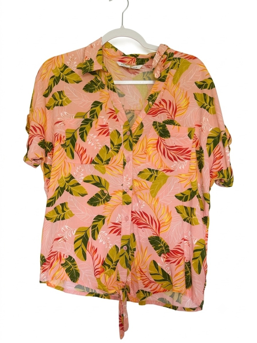 Pink Tropical Tie-Front Short Sleeve Button-Up Top